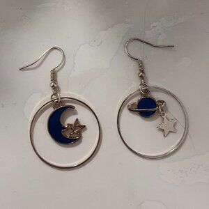 Moon and Planet Dangle Earrings with Star Charms